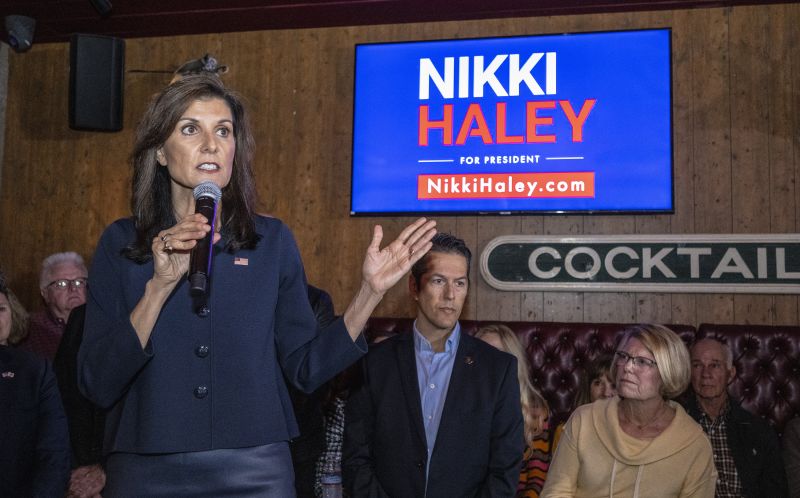 Republican presidential candidate Nikki Haley speaks to supporters during a campaign stop at the Wild Goose Tavern in Costa Mesa on February 7, 2024.