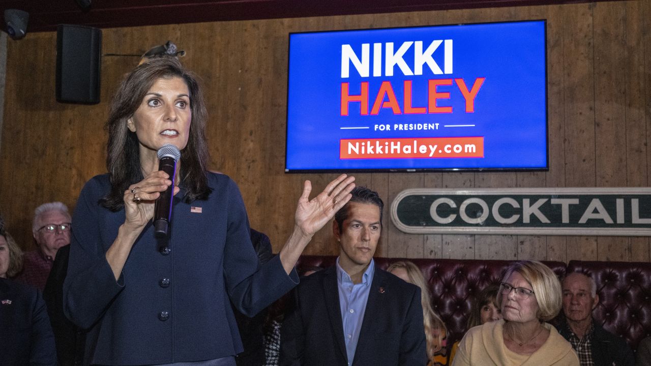 Republican presidential candidate Nikki Haley speaks to supporters during a campaign stop at the Wild Goose Tavern in Costa Mesa on February 7, 2024.