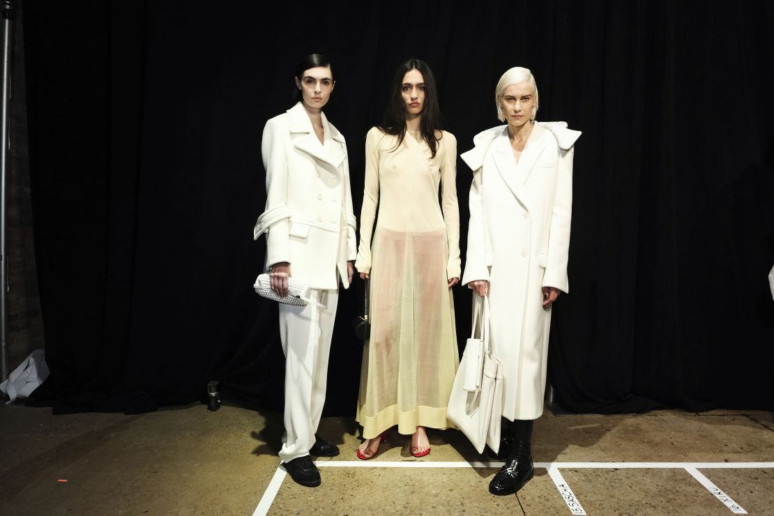 Proenza Schouler creative directors Jack McCollough and Lazaro Hernandez offered up ample wintery whites and continued to play with both translucent layers and elegant takes on suiting and outerwear.