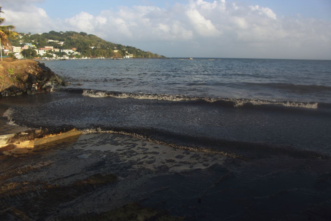 The oil spill, pictured on February 10, covered about 15 kilometers (about 9 miles) of the coastline in black residue.