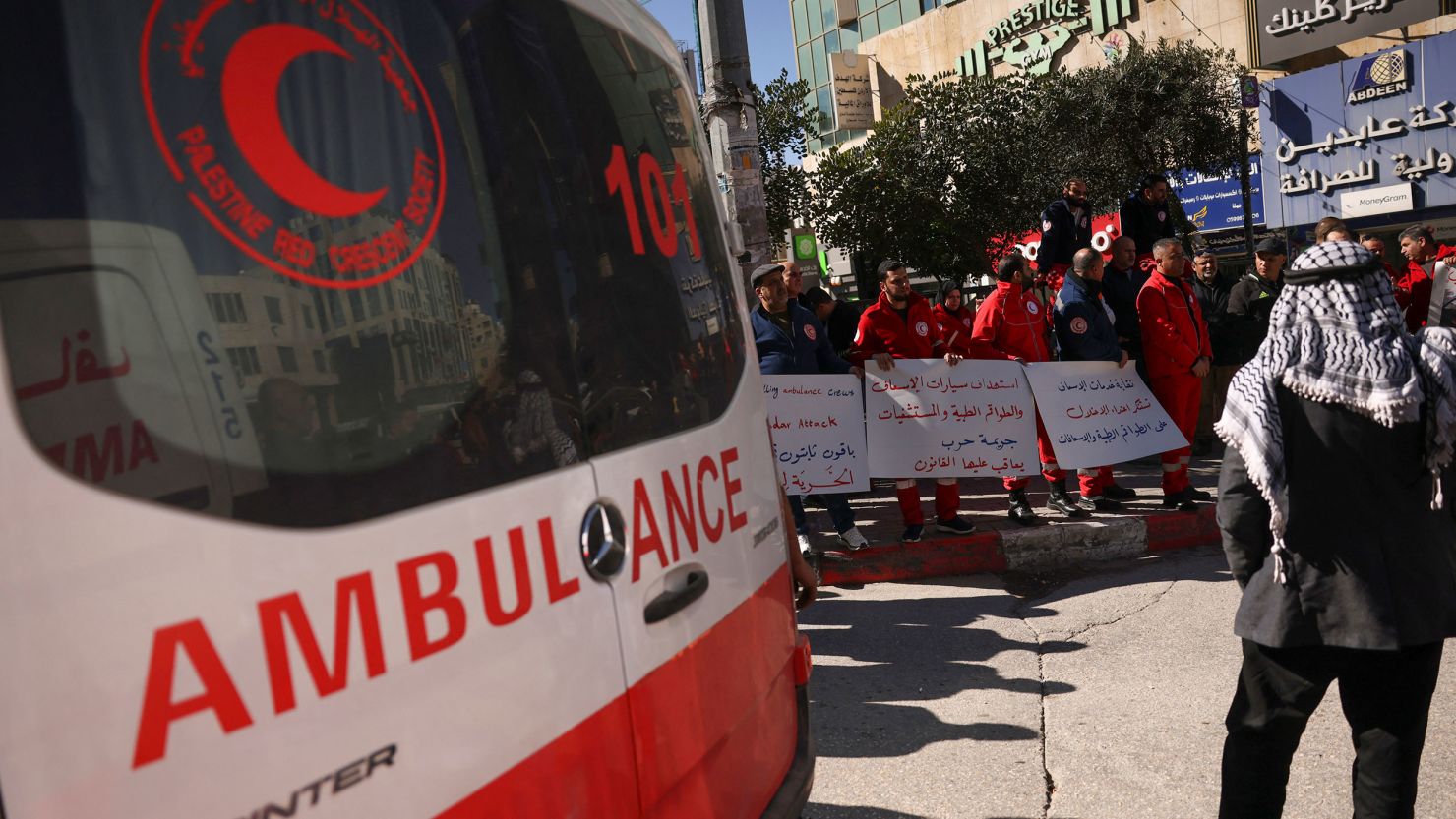 Paramedics from the Palestine Red Crescent Society protest over the deaths of their colleagues in the war between Israel and Hamas on February 11, 2024.
