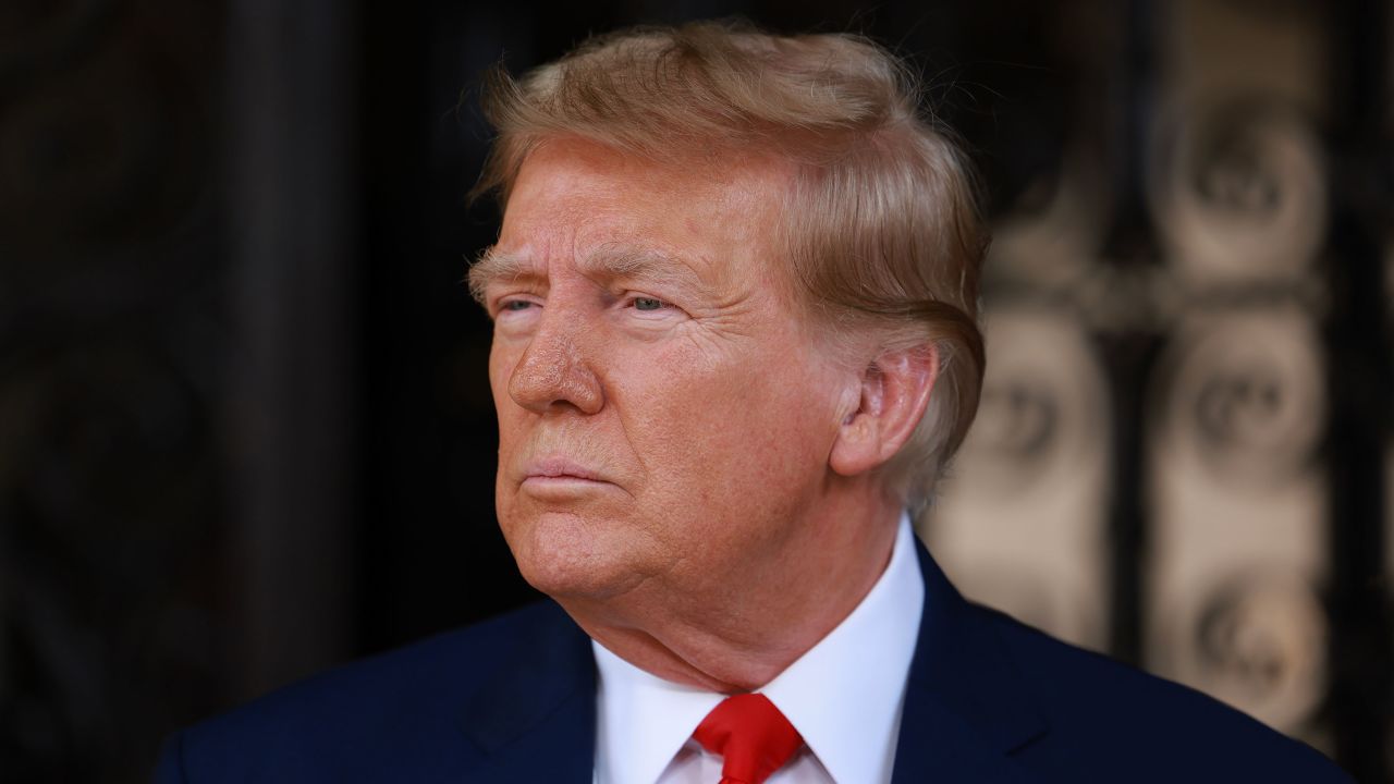 PALM BEACH, FLORIDA - FEBRUARY 08: Former U.S. President Donald Trump speaks during a press conference held at Mar-a-Lago on February 08, 2024 in Palm Beach, Florida. Mr. Trump spoke as the United States Supreme Court hears oral arguments over Trumpâs ballot eligibility under the 14th Amendment. (Photo by Joe Raedle/Getty Images)