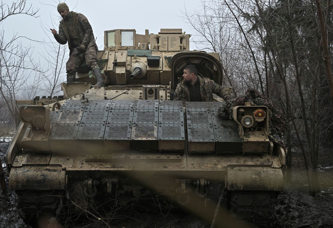Ukrainian servicemen of the 47th Mechanized Brigade prepare for combat in a Bradley Fighting Vehicle, near to Avdiivka, on February 11, 2024.