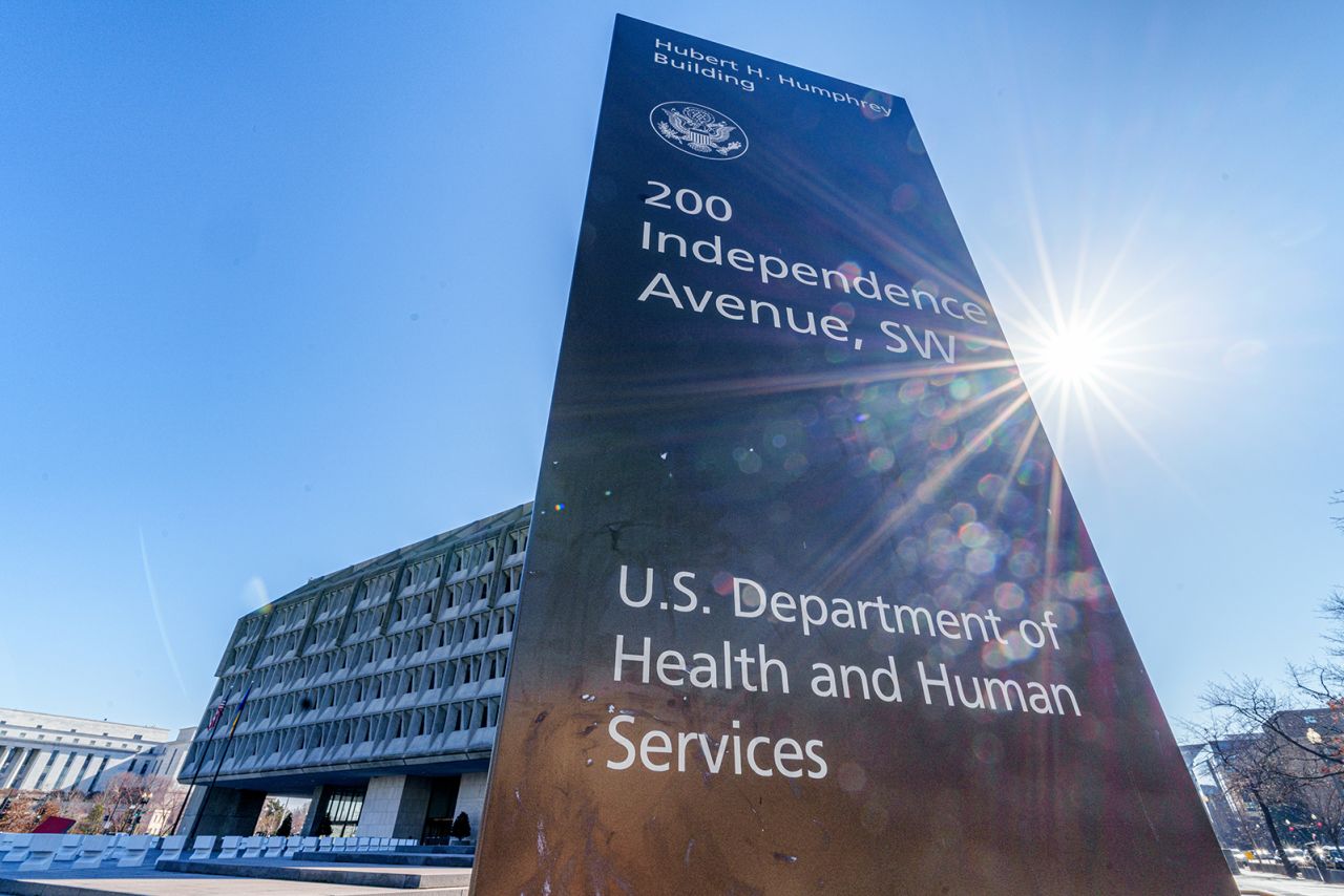 The US Department of Health and Human Services sign in Washington, DC, on February 9, 2024.