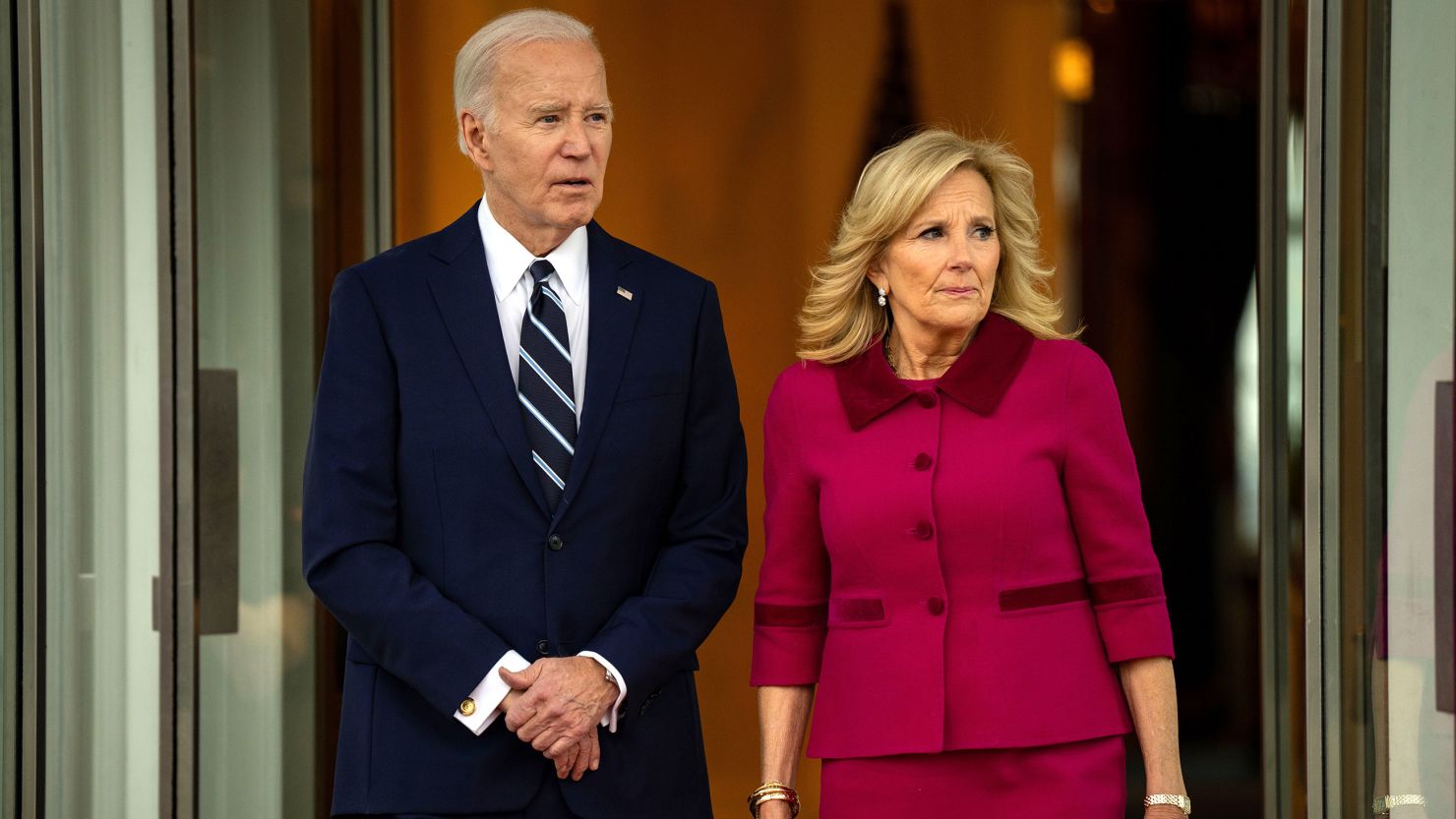 US President Joe Biden, left, and First Lady Jill Biden, arrive to greet King Abdullah II of Jordan and Rania Al-Abdullah, Queen of Jordan, not pictured, at the North Portico of the White House in Washington, DC, on February 12, 2024.