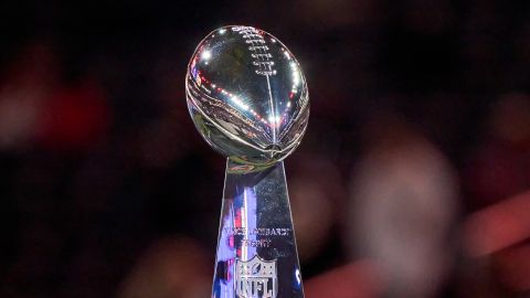 LAS VEGAS, NEVADA - FEBRUARY 5: A detail view of the Vince Lombardi Trophy is seen during Super Bowl LVIII Opening Night at Allegiant Stadium ahead of Super Bowl LVIII on February 5, 2024 in Las Vegas, Nevada. (Photo by Robin Alam/ISI Photos/Getty Images)