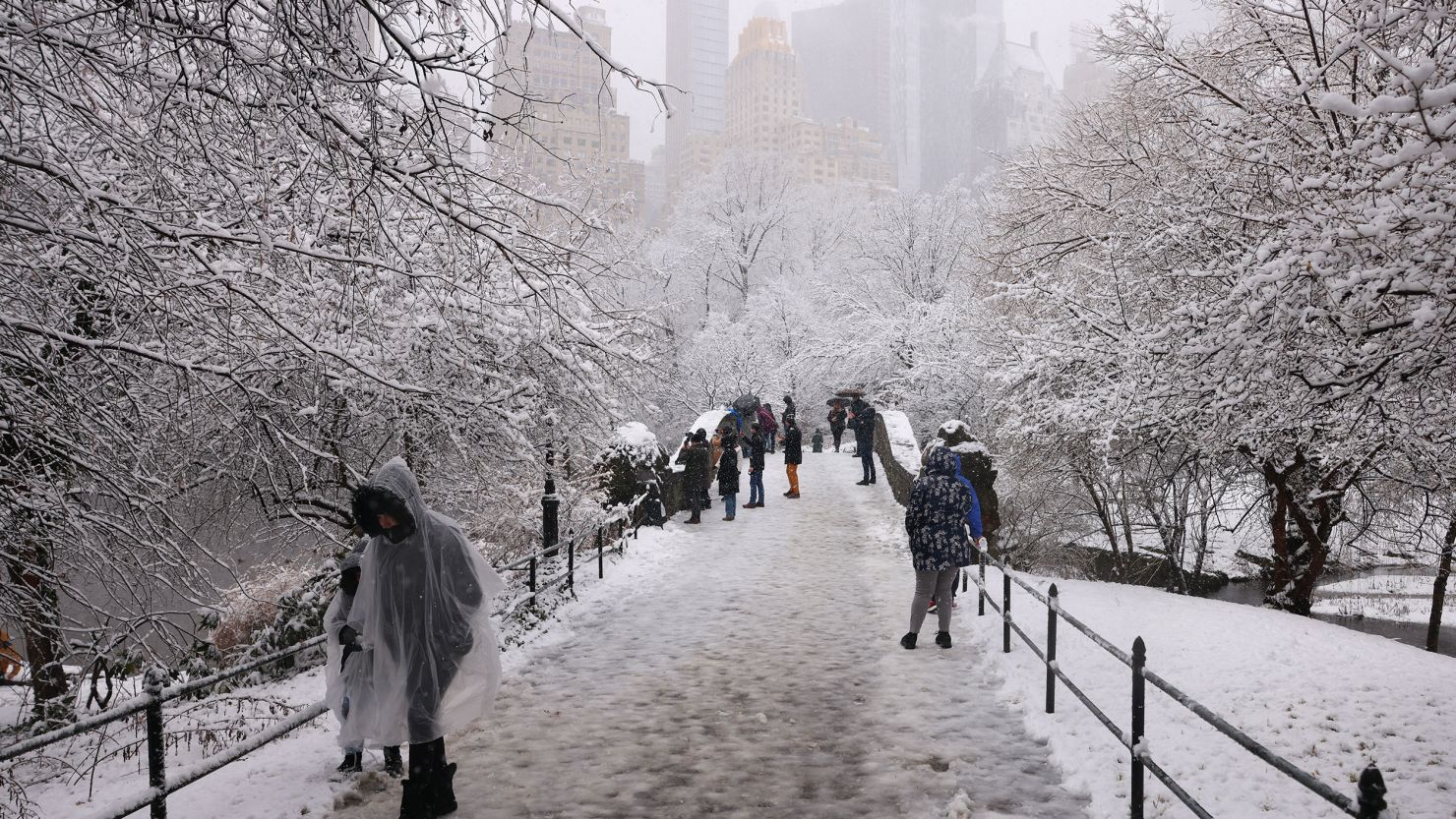 People walk through the falling snow in Central Park on Tuesday, February 13, in New York.
