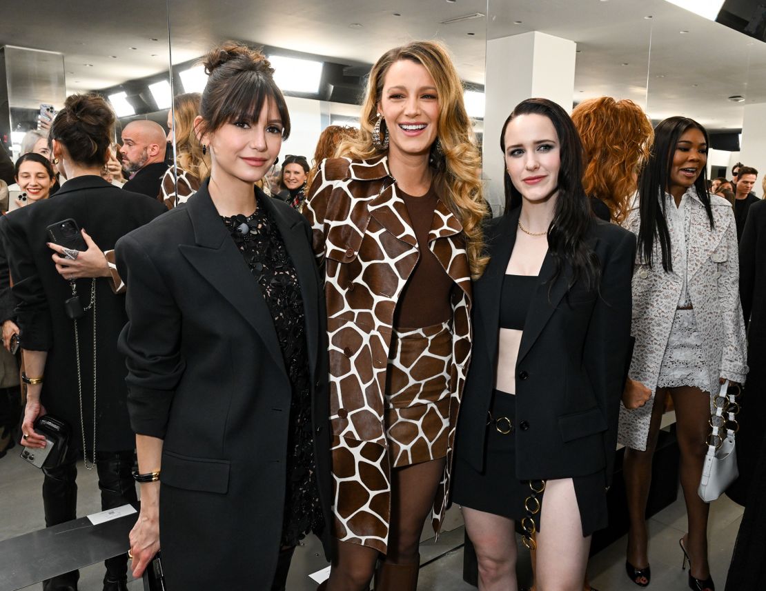 Nina Dobrev, Blake Lively and Rachel Brosnahan attend the Michael Kors runway show on February 13.