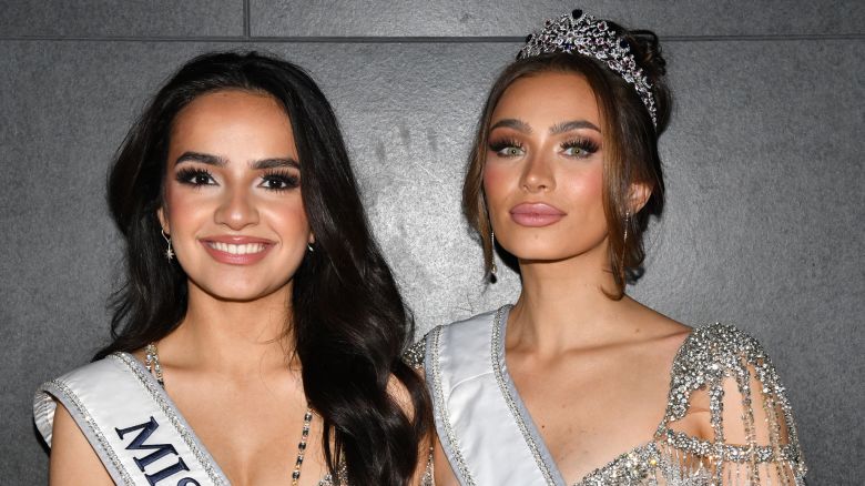 NEW YORK, NEW YORK - FEBRUARY 10: (L-R) Miss Teen USA 2023, UmaSofia Srivastava and Miss USA 2023, Noelia Voigt attend Supermodels Unlimited Magazine Presents: Billboards Over Broadway - NYFW Celebrity Event at Nebula Nightclub on February 10, 2024 in New York City. (Photo by Craig Barritt/Getty Images for Supermodels Unlimited)
