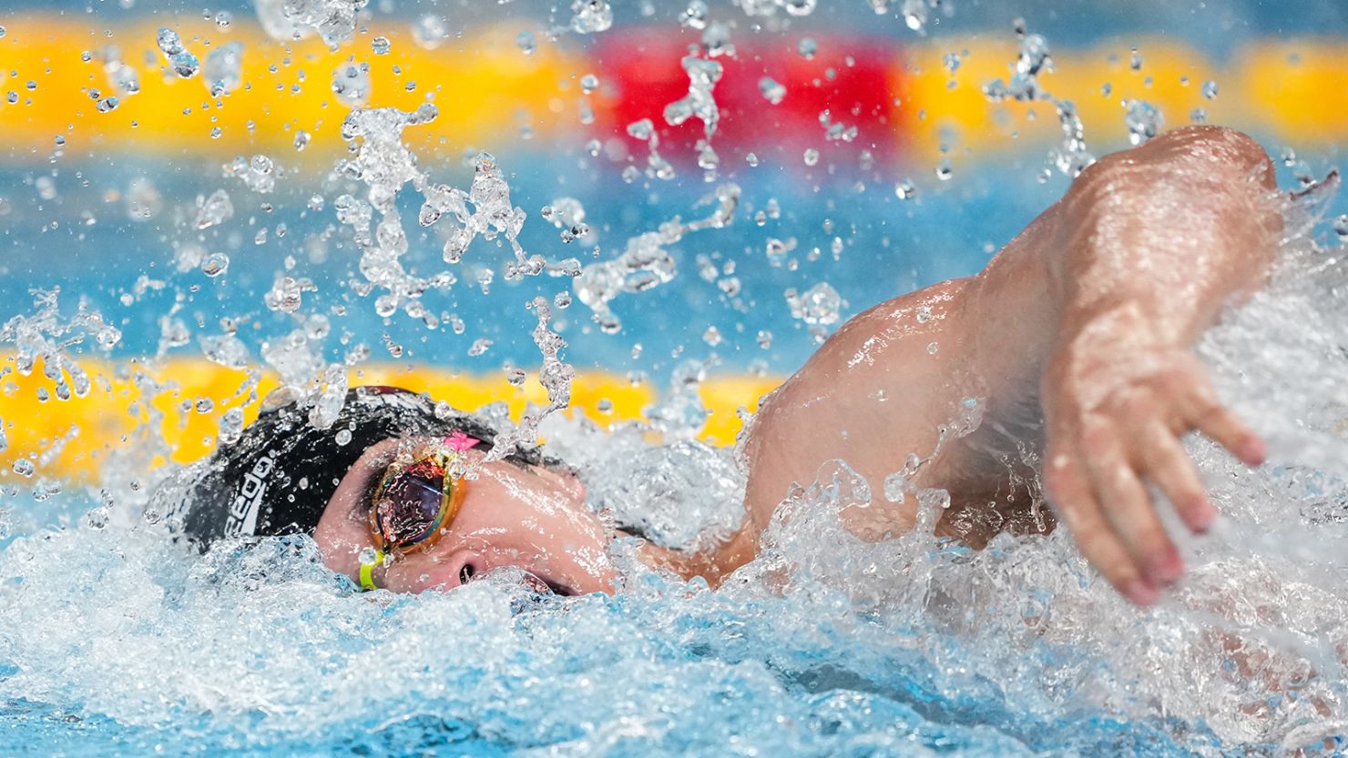Zhanle Pan in the men's 4x100 meter freestyle final at the 2024 World Aquatics Championships in Doha, Qatar.