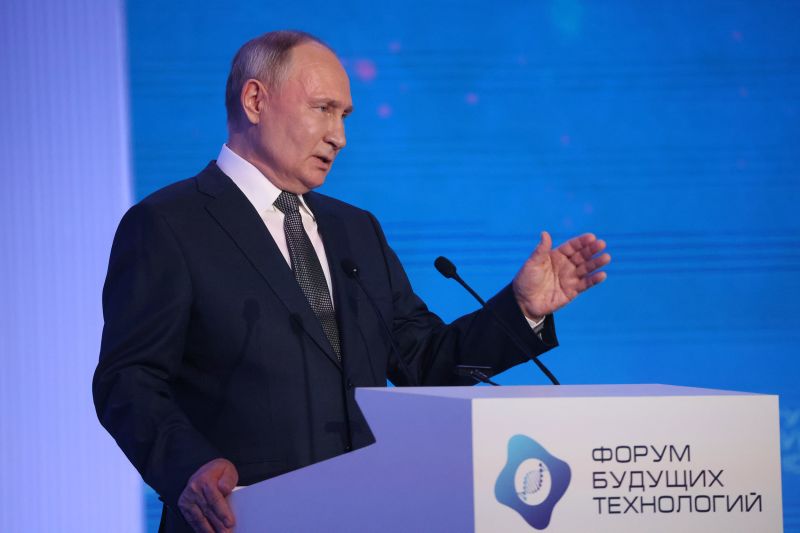 MOSCOW, RUSSIA - FEBRUARY 14 (RUSSIA OUT) Russian President Vladimir Putin gestures during the Forum of Future Technologies, on February14, 2024 in Moscow, Russia. Putin is candidate for the 2024 Presidential Election, planned in the country on March. (Photo by Contributor/Getty Images)