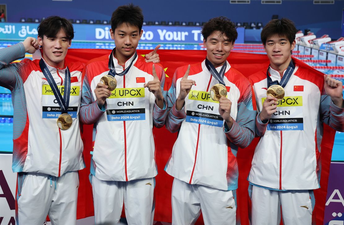 Chinese men's 4x100 meter freestyle world championship gold medallists Wang Haoyu, Zhang Zhanshuo, Ji Xinjie and Pan Zhanle.