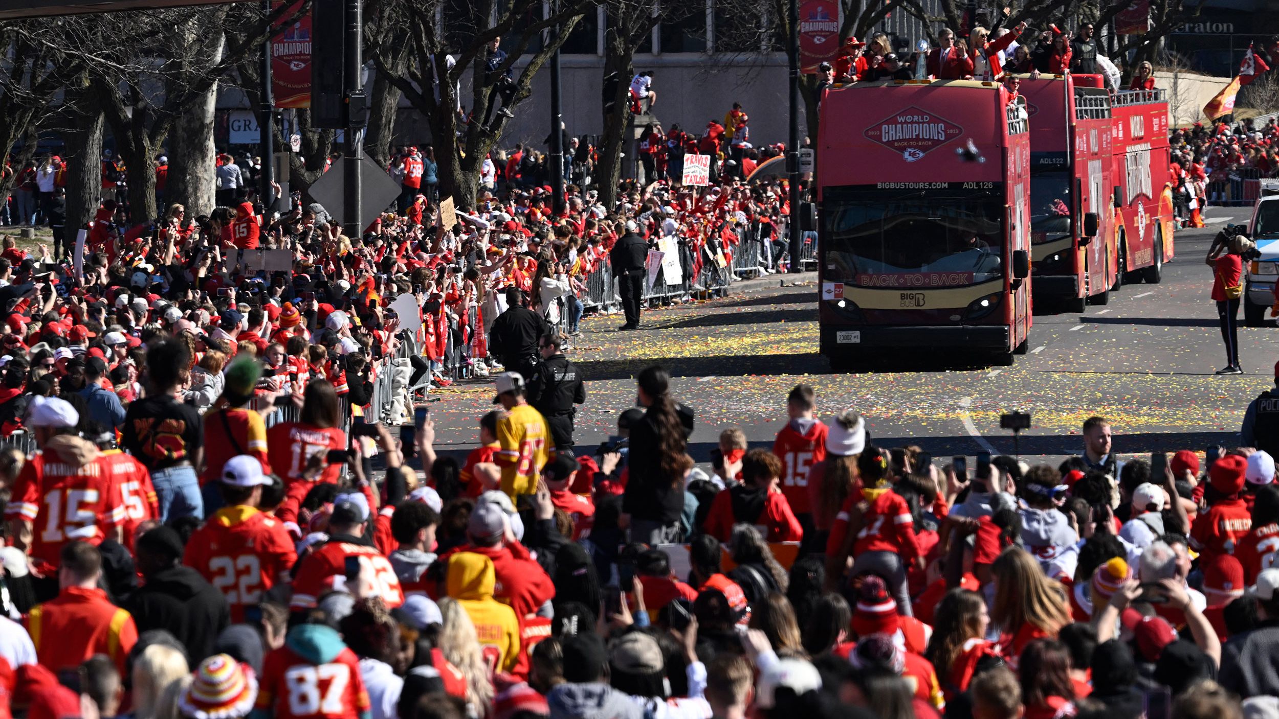 Kansas City Chiefs players celebrate with a victory parade Wednesday.