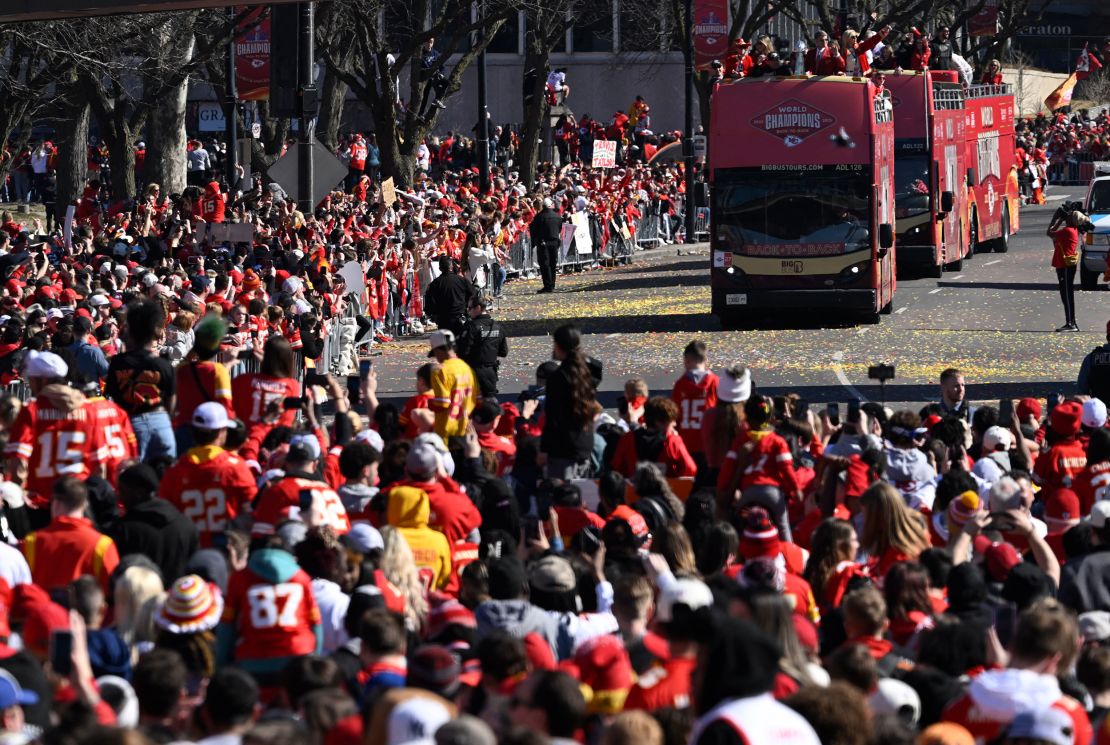 Kansas City Chiefs players celebrate during the victory parade on Wednesday.
