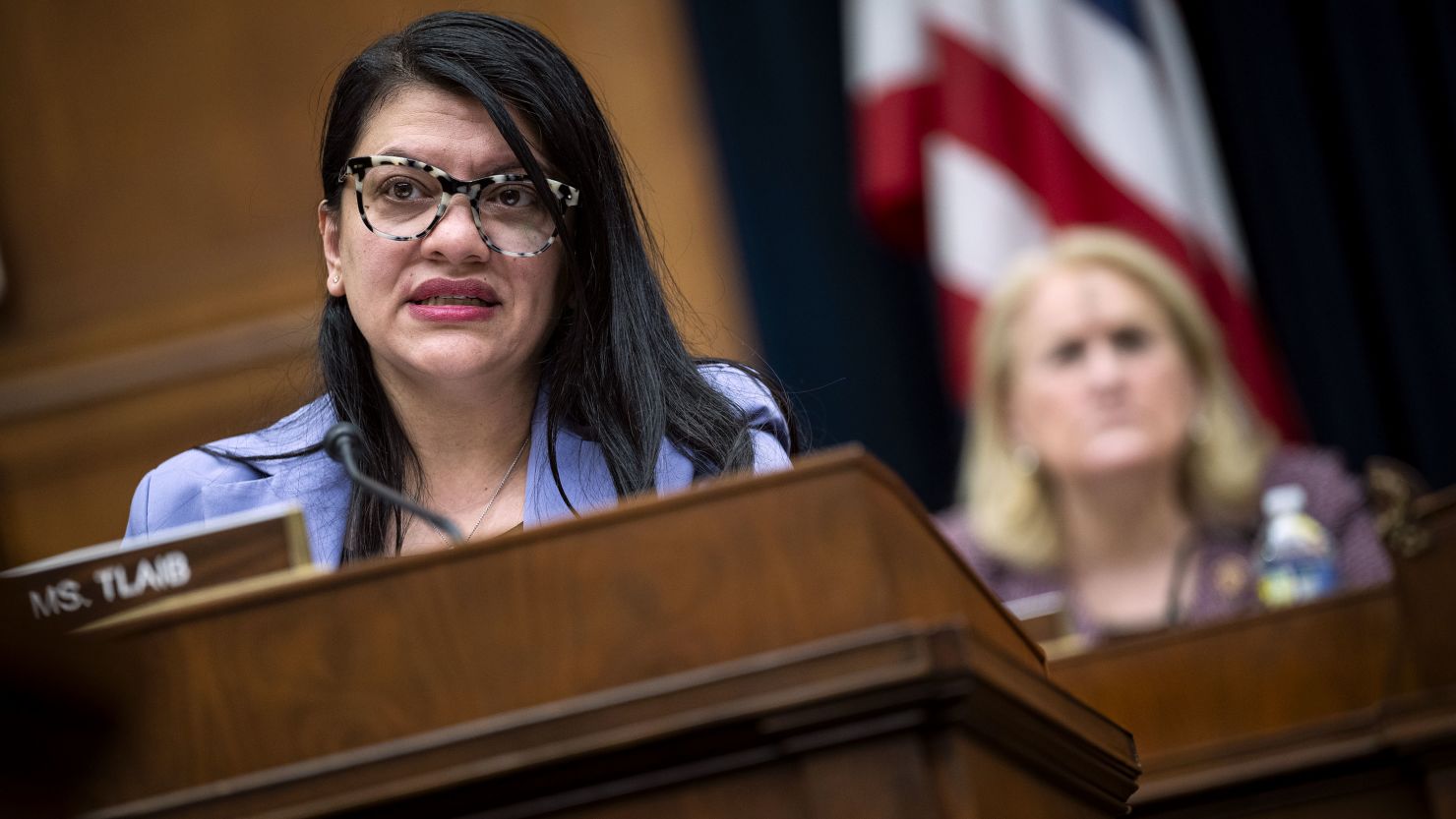 Rep. Rashida Tlaib, a Democrat from Michigan, speaks during a House Financial Services Committee hearing in Washington, DC, on February 14, 2024.