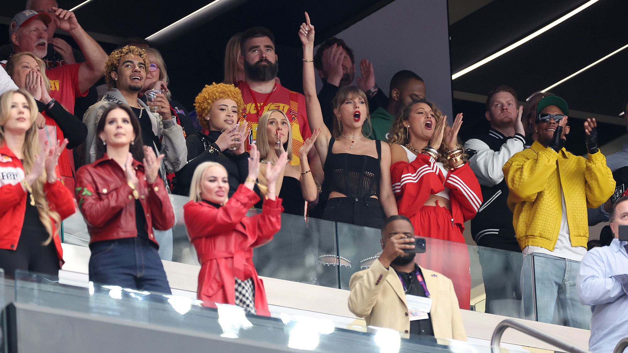 Rapper Ice Spice, Jason Kelce, Taylor Swift and Blake Lively rat the Super Bowl on Sunday.