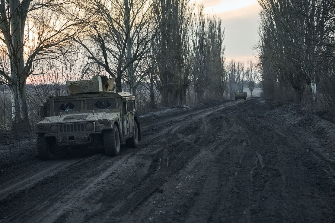 Vehicles are seen on the outskirts of Avdiivka on February 14, 2024.