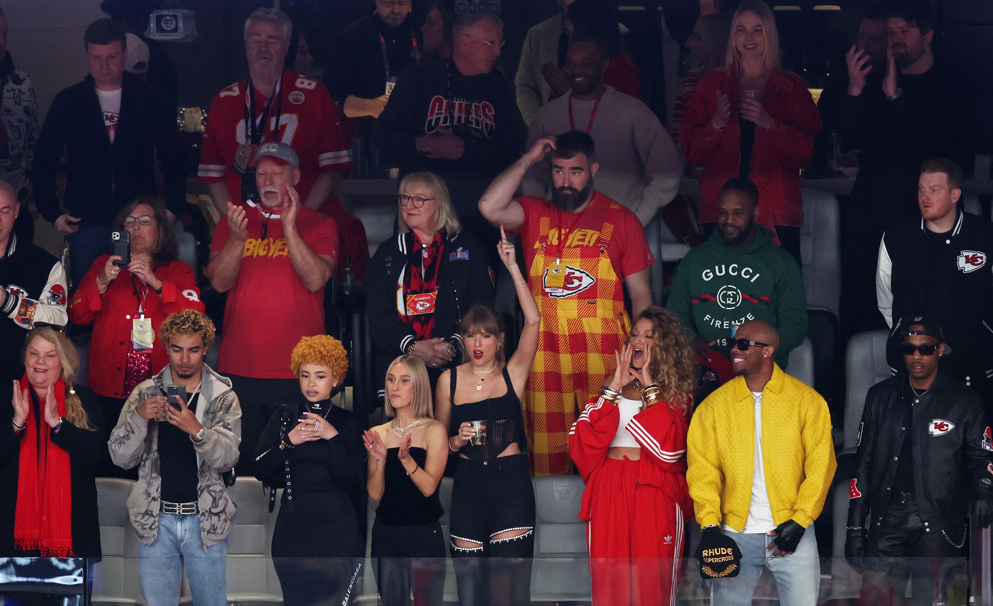 Rapper Ice Spice, Donna Kelce, NFL player Jason Kelce, singer Taylor Swift and actress Blake Lively watch the game from Allegiant Stadium.