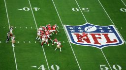 Harrison Butker #7 of the Kansas City Chiefs kicks a Super Bowl record breaking 57-yard field goal in the third quarter against the San Francisco 49ers during Super Bowl LVIII at Allegiant Stadium on February 11, 2024 in Las Vegas, Nevada.