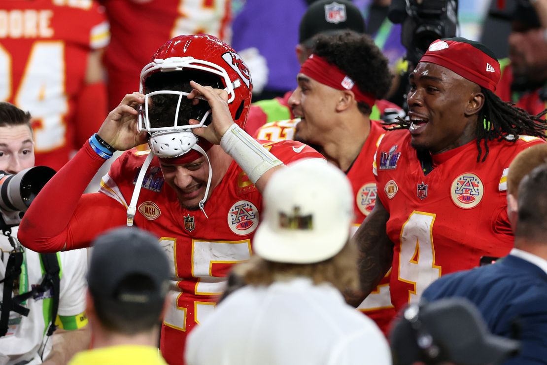 LAS VEGAS, NEVADA - FEBRUARY 11: Patrick Mahomes #15 of the Kansas City Chiefs celebrates with Rashee Rice #4 after defeating the San Francisco 49ers 25-22 in overtime during Super Bowl LVIII at Allegiant Stadium on February 11, 2024 in Las Vegas, Nevada. (Photo by Steph Chambers/Getty Images)