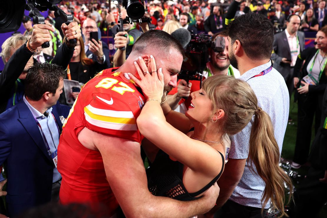 (From left) Travis Kelce and Taylor Swift celebrate the Kansas City Chiefs' Super Bowl LVIII win over the San Francisco 49ers in Las Vegas in February.