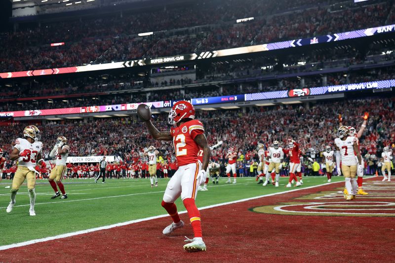 LAS VEGAS, NEVADA - FEBRUARY 11: Mecole Hardman Jr. #12 of the Kansas City Chiefs celebrates after catching the game-winning touchdown in overtime to defeat the San Francisco 49ers 25-22 during Super Bowl LVIII at Allegiant Stadium on February 11, 2024 in Las Vegas, Nevada. (Photo by Ezra Shaw/Getty Images)