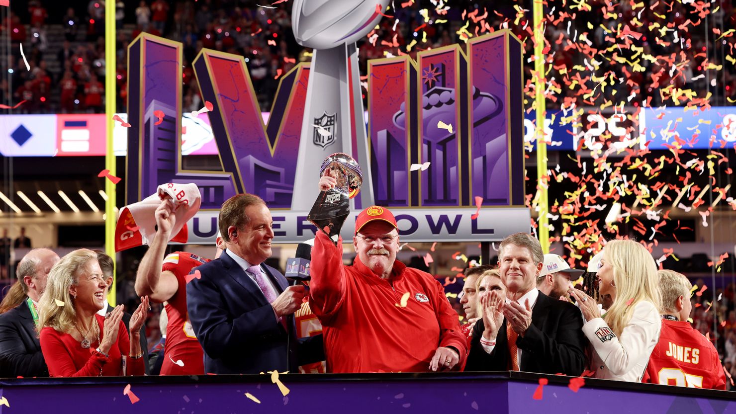 Chiefs head coach Andy Reid (center) celebrates winning this year's Super Bowl.