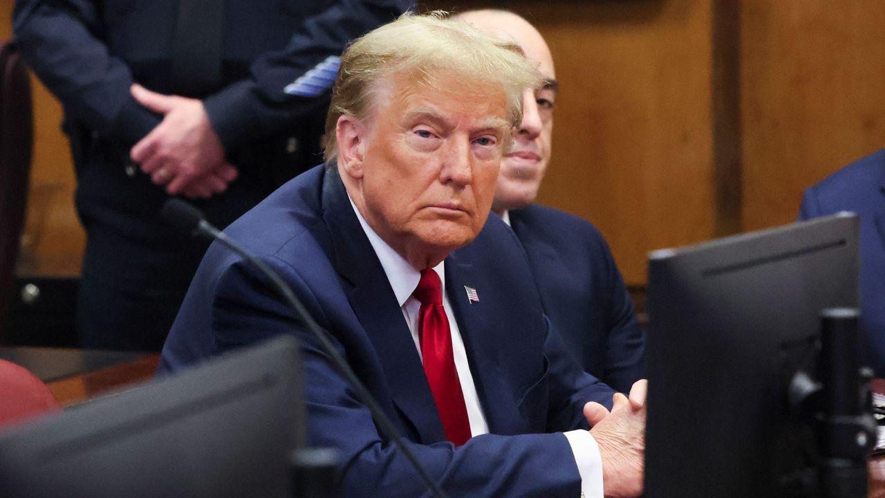 Former President Donald Trump attends a pre-trial hearing at Manhattan Criminal Court on February 15 in New York.