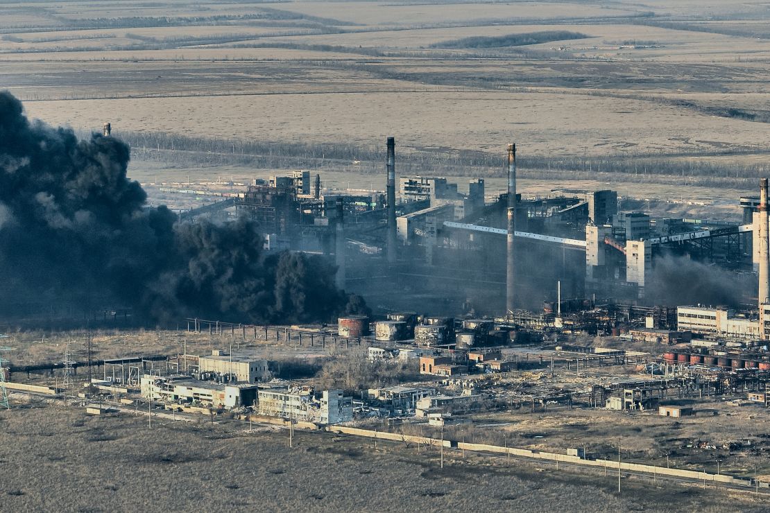 A general view of smoke rising from the Avdiivka Coke and Chemical Plant on February 15, 2024 in Avdiivka district, Ukraine.
