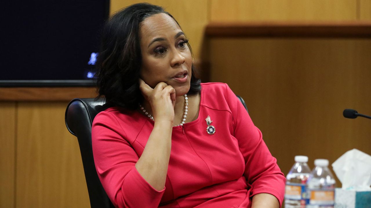 ATLANTA, GA - FEBRUARY 15: Fulton County District Attorney Fani Willis testifies during a hearing in the case of the State of Georgia v. Donald John Trump at the Fulton County Courthouse on February 15, 2024 in Atlanta, Georgia. Judge Scott McAfee is hearing testimony as to whether Willis and Special Prosecutor Nathan Wade should be disqualified from the case for allegedly lying about a personal relationship. (Photo by Alyssa Pointer-Pool/Getty Images)