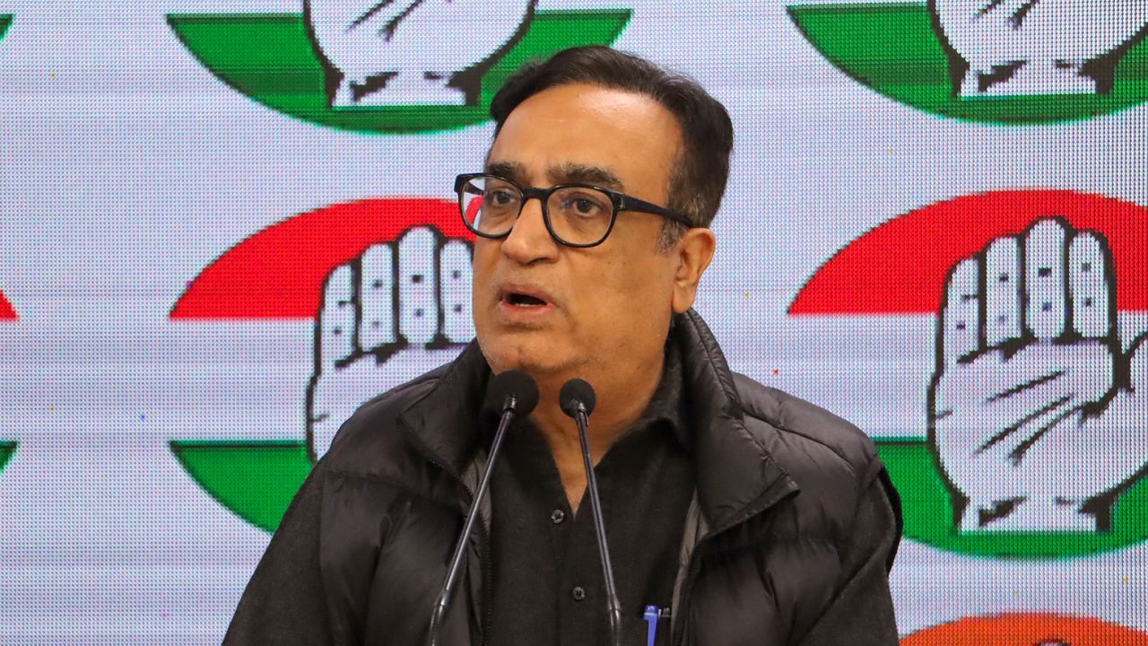 India's Congress party treasurer Ajay Maken during a news conference in New Delhi on February 16, 2024.