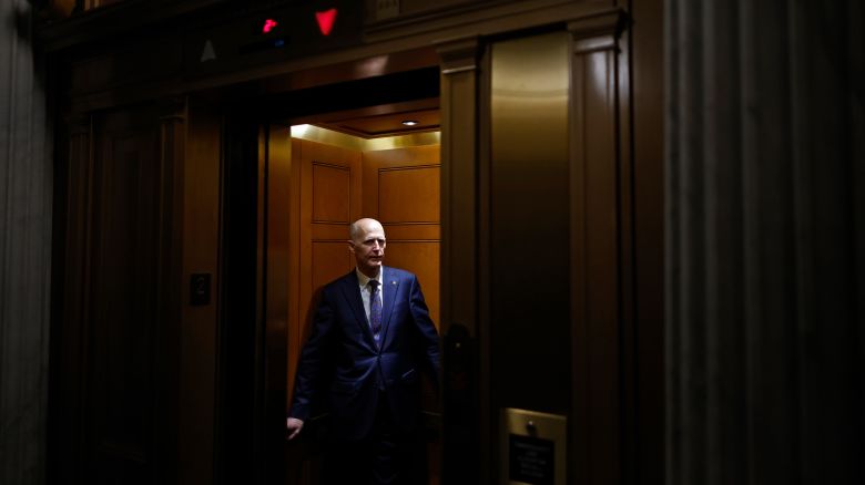 WASHINGTON, DC - FEBRUARY 12: Sen. Rick Scott (R-FL) boards an elevator between votes at the U.S. Capitol on February 12, 2024 in Washington, DC. Following a series of evening votes, the Senate will stay in session all night with the goal of passing national security legislation that would send $95 billion in military aid to Ukraine, Israel and Taiwan. (Photo by Chip Somodevilla/Getty Images)