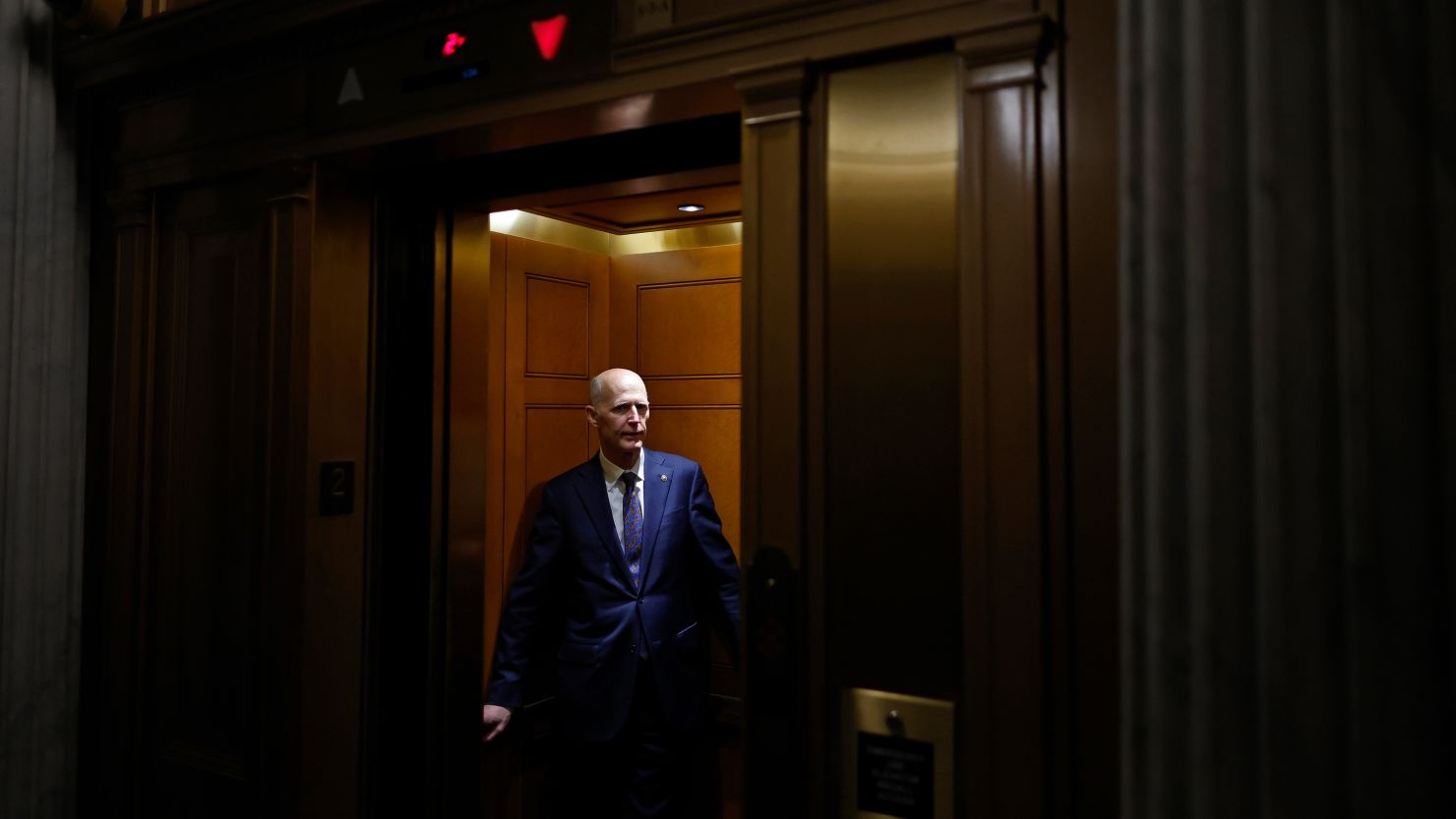 Sen. Rick Scott (R-FL) boards an elevator between votes at the U.S. Capitol on February 12, 2024 in Washington, DC.