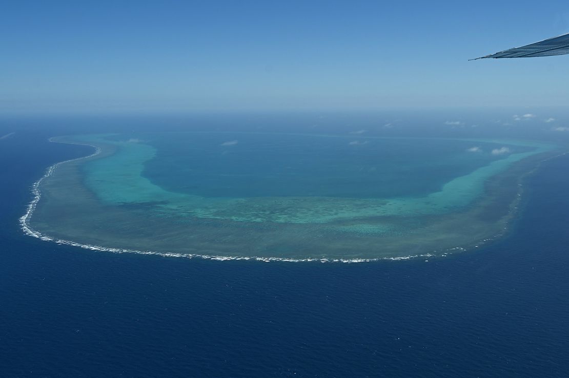 This photo taken on February 15, 2024, shows an aerial view of over Scarborough Shoal in the disputed South China Sea.