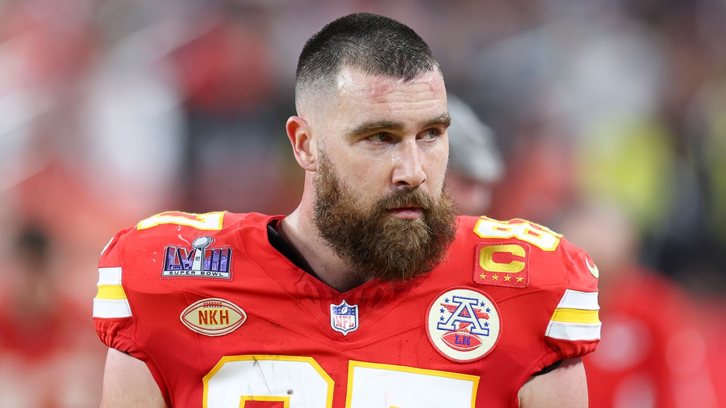 Travis Kelce of the Kansas City Chiefs on the sidelines during Super Bowl LVIII against the San Francisco 49ers at Allegiant Stadium in Las Vegas in February.