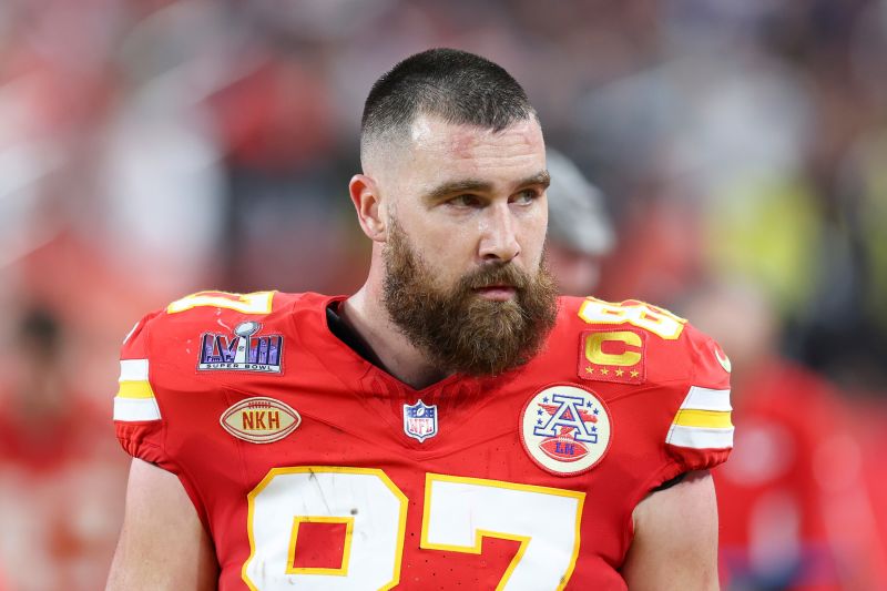Travis Kelce #87 of the Kansas City Chiefs looks on from the sidelines during Super Bowl LVIII against the San Francisco 49ers at Allegiant Stadium on February 11, 2024 in Las Vegas, NV.
