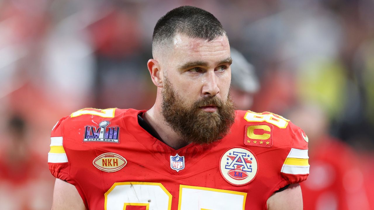Travis Kelce #87 of the Kansas City Chiefs looks on from the sidelines during Super Bowl LVIII against the San Francisco 49ers at Allegiant Stadium on February 11, 2024 in Las Vegas, NV.