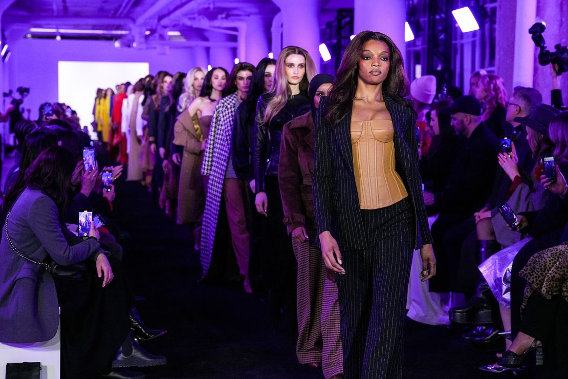 For Fall-Winter 2024, Sergio Hudson continued to develop his signature aesthetic — luxe, statement dressing for the corner office and the club — rendered in a palette the designer described as "crayon colors" in his show notes.