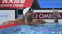 South Africa's Chad Le Clos gestures after competing in a semi-final of the men's 100m butterfly swimming event during the 2024 World Aquatics Championships at Aspire Dome in Doha on February 16, 2024. (Photo by SEBASTIEN BOZON / AFP) (Photo by SEBASTIEN BOZON/AFP via Getty Images)