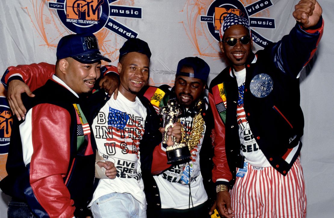 (L-R) Fresh Kid Ice (Chris Wong Won), Brother Marquis (Mark D. Ross), DJ Mr. Mixx (David Hobbs) and Luke Skyywalker (Luther Campbell), of the American hip hop group 2 Live Crew, pose for a group portrait during the 1990 MTV Video Music Awards.