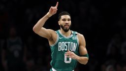 NEW YORK, NEW YORK - FEBRUARY 13: Jayson Tatum #0 of the Boston Celtics reacts after scoring during the first half against the Brooklyn Nets at Barclays Center on February 13, 2024 in the Brooklyn borough of New York City. NOTE TO USER: User expressly acknowledges and agrees that, by downloading and or using this photograph, User is consenting to the terms and conditions of the Getty Images License Agreement. (Photo by Sarah Stier/Getty Images)
