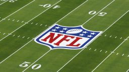 A detail view of the NFL shield logo painted on the field before the Super Bowl LVIII in February 2024 in Las Vegas.