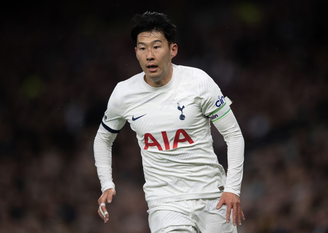 Son is seen with two fingers wrapped up during an English Premier League match between Tottenham and Brighton & Hove Albion on February 10.
