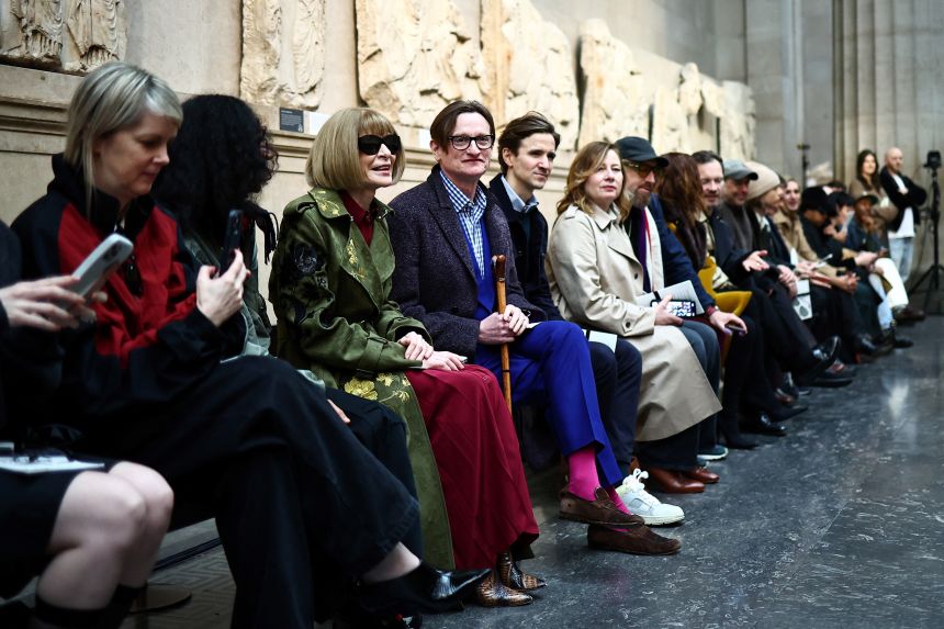 Then Vogue editor-in-chief and Conde Nast artistic director Anna Wintour (center) sits in the British Museum prior to Erdem Autumn/Winter 2024 collection during London Fashion Week on February 17, 2024.