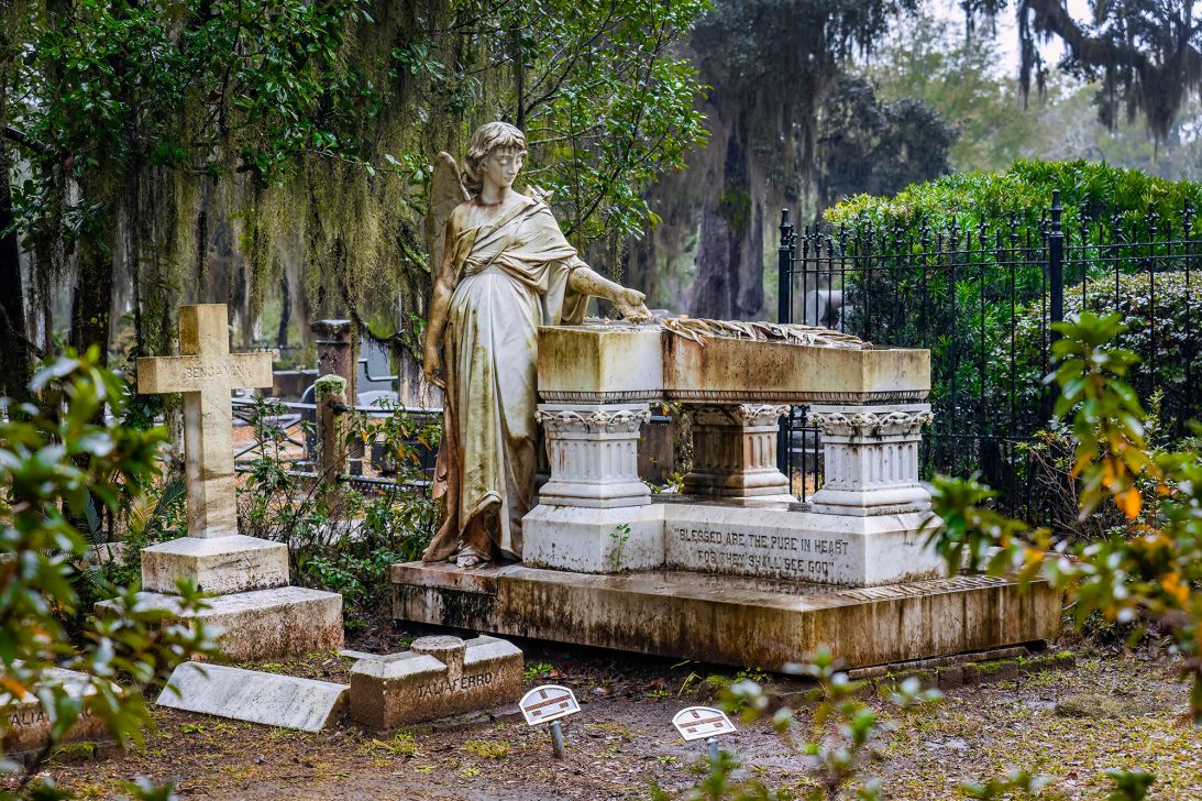 An angel gazes upon the Taliaferro family monument at Bonaventure Cemetery in Savannah, Georgia.