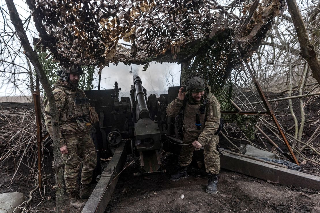 Ukrainian soldiers of Brigade 71 fire artillery in the direction of Avdiivka on February 18, 2024.