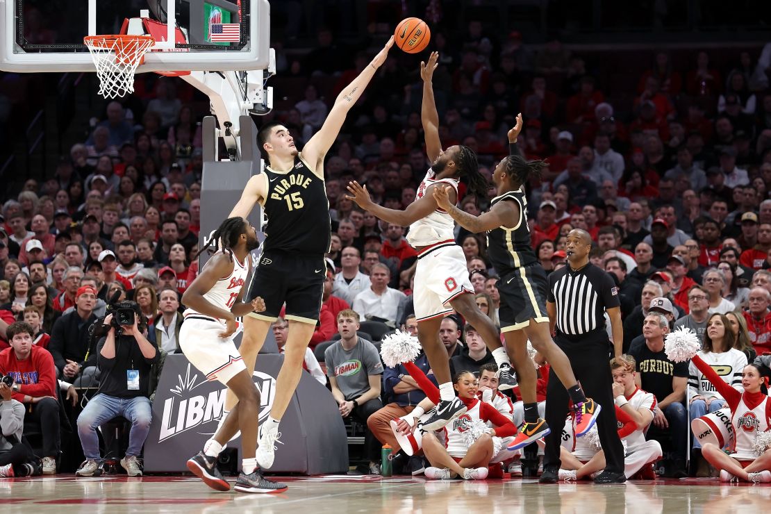 Zach Edey of the Purdue Boilermakers blocks a shot during the second half of a game against Ohio State.
