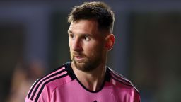 Lionel Messi looks on during the second half of Inter Miami's friendly match against Newell's Old Boys at DRV PNK Stadium on February 15, 2024.