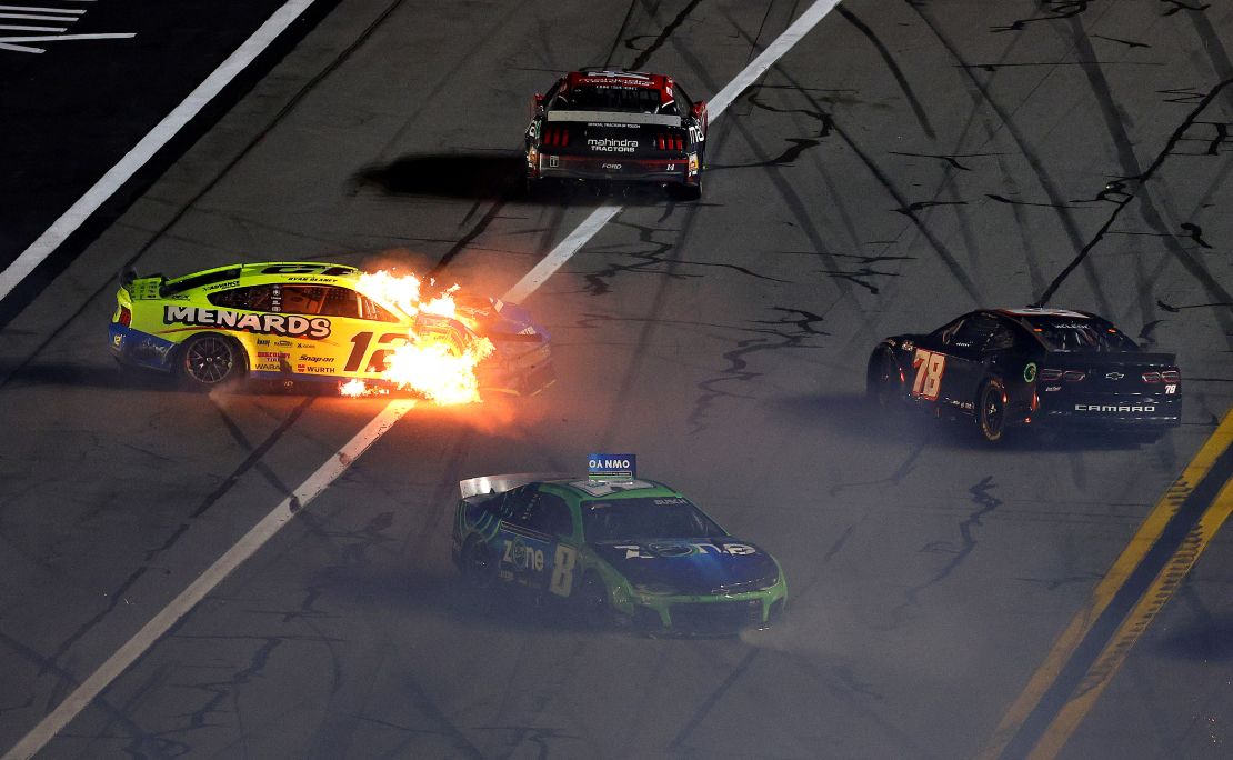 Ryan Blaney's car (No. 12) in flames during one of Thursday's qualifying Duel races.