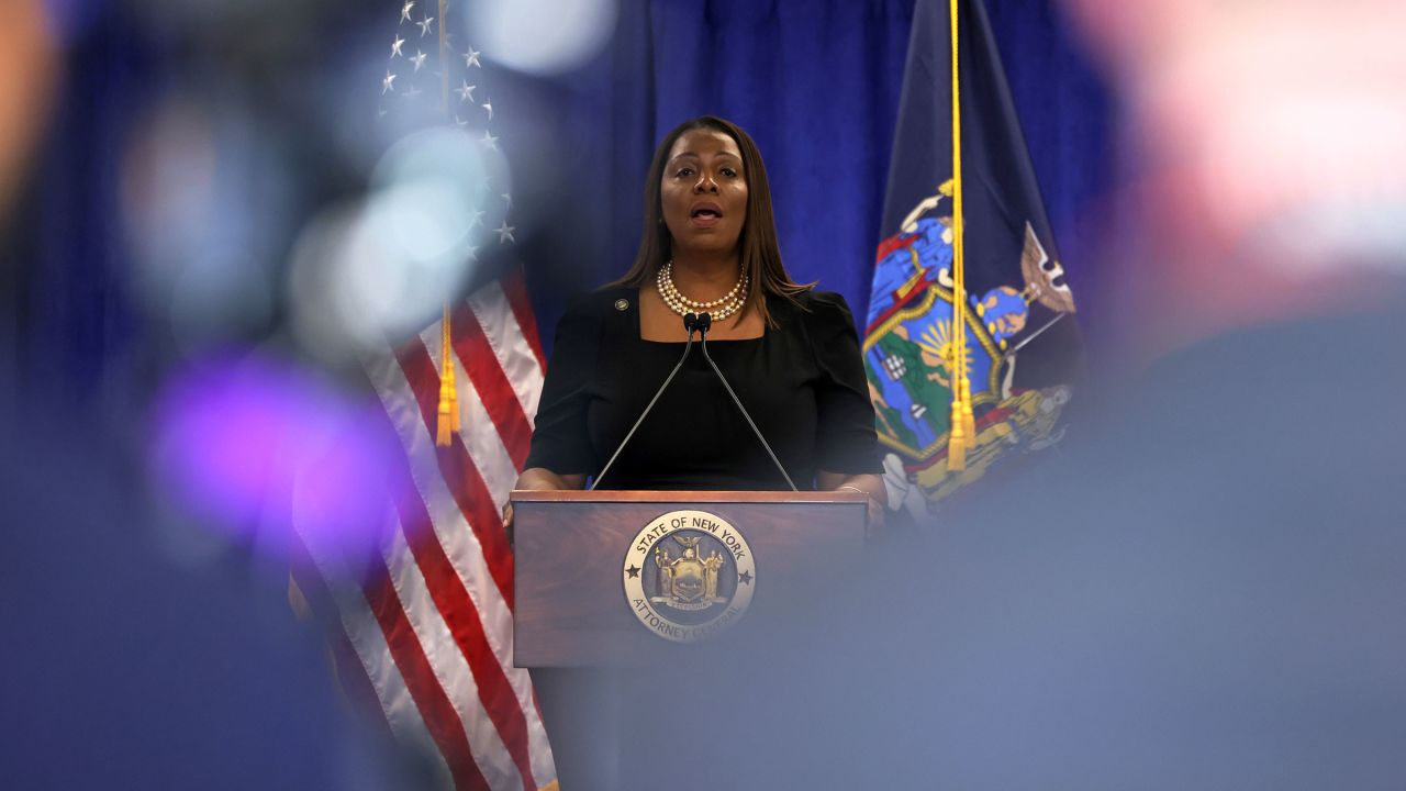 Attorney General Letitia James speaks during a press conference in New York on February 16, 2024, following a verdict against Donald Trump in his civil fraud trial.